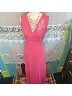 Vintage Pink Formal Maxi Dress Beaded Floral Embellished Gown Women’s M